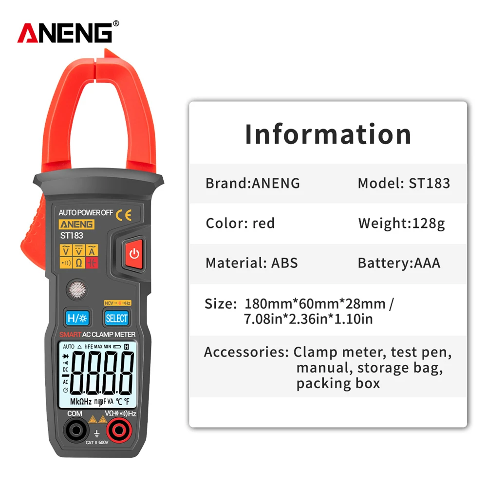 ANENG ST183 Digital Clamp Meter AC Current 6000 Counts True RMS Multimeter DC/AC Voltage Tester Hz Capacitance NCV Ohm Tests