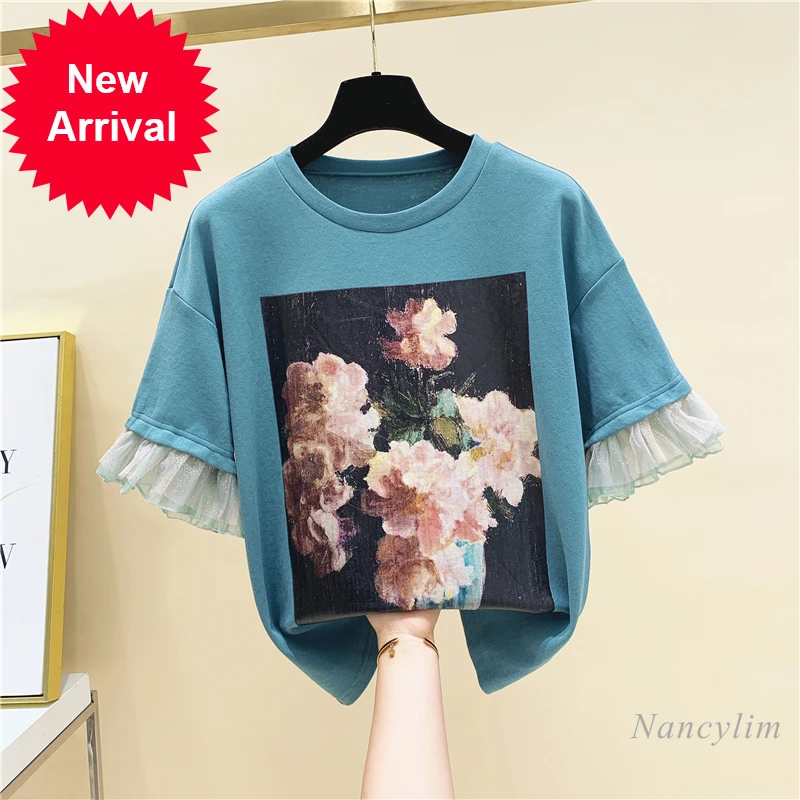 

Mesh Stitching Short Sleeve Printed Loose T-shirt Female 2021 Summer Clothing New Women's All-Match Basic Top Camisetas De Mujer