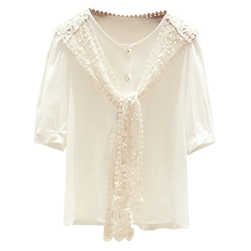 

Korean Style Lace Shawl Patch Round Neck Blusas Women's Short Sleeve Shirt 2021 Summer New Design Tops Blouses Femme