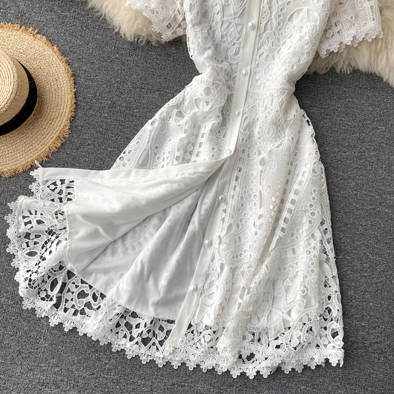 

New Arrival Runway Women's Fashion Single-Breasted Short Sleeve Slim Hollow Out Dress With Belt Elegant Vestidos De Mujer
