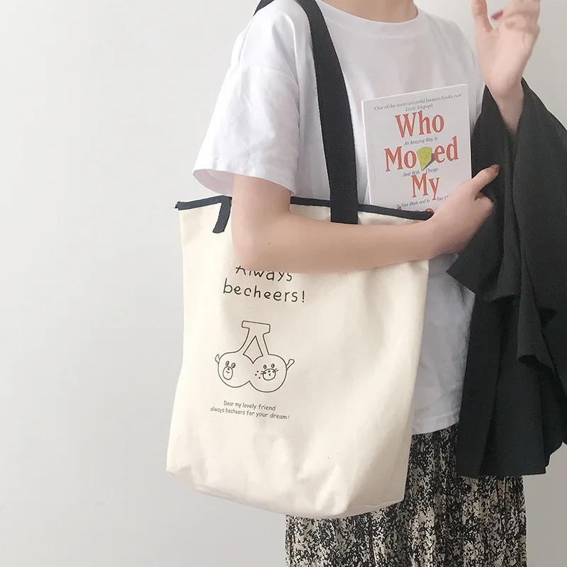 

Cartoon Cherry Pattern Canvas Shopping Bag for Women Cute Simple Ladies Cloth Shoulder Bags Student Girl Daily Tote Handbags