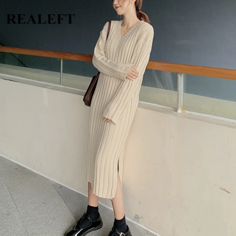 REALEFT 2019 Новое поступление свитер с длинным рукавом вязаное платье v-образным