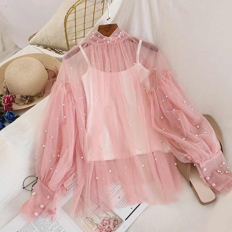 Весна Бисер сетки блузки для женщин сладкие фонарь с длинным рукавом и