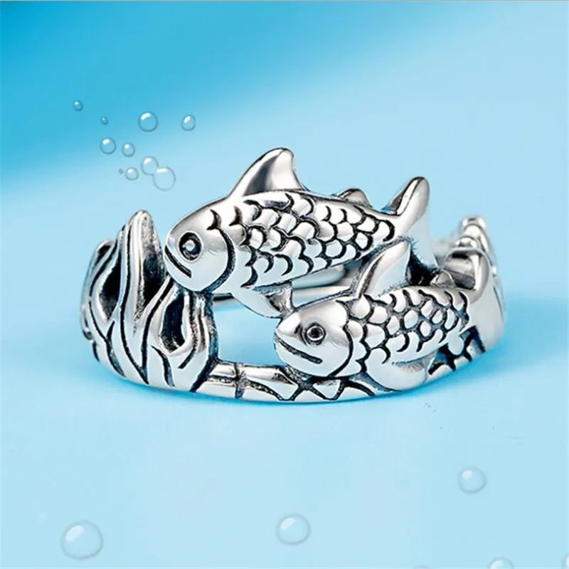 

Retro Chinese Ethnic Style Pisces Female 925 Sterling Silver Jewelry Simple Creative Distressed Lucky Carp Opening Rings R675