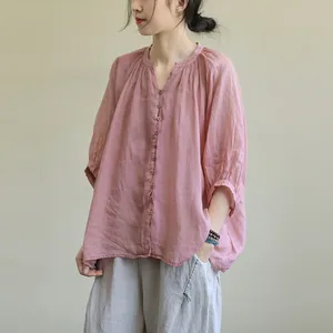 Женская рубашка из хлопка и льна, свободная однотонная с полурукавами, в простом стиле, повседневная, большого размера, P1400, лето 2020