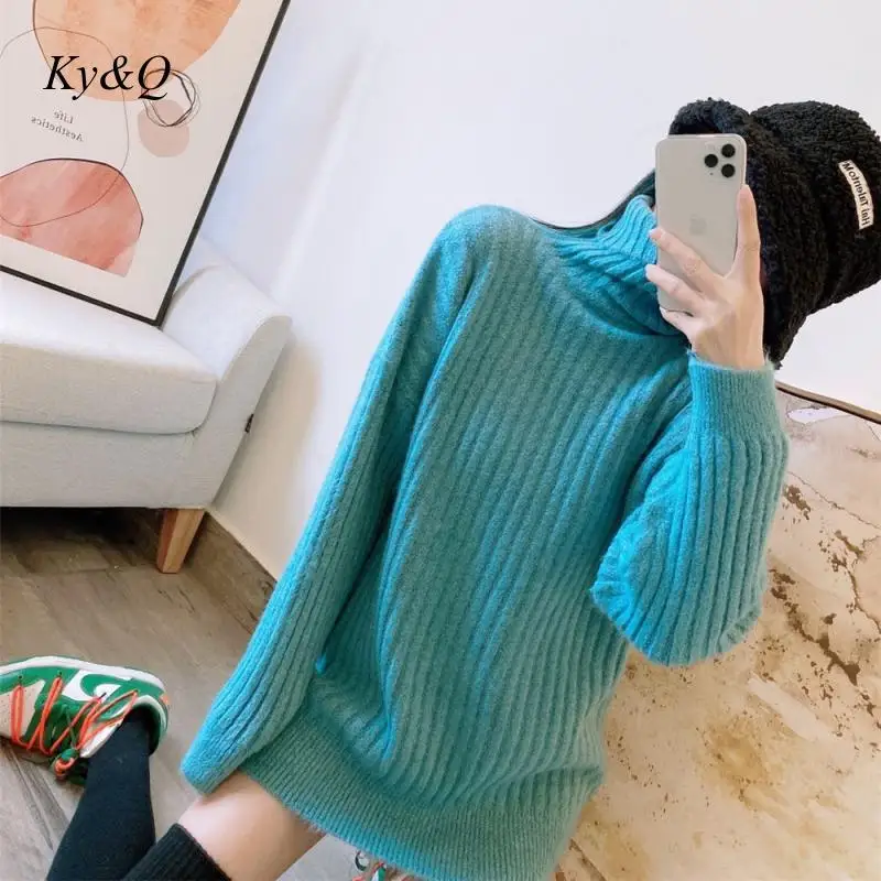 

2020 Winter Women Fashion Elegant Midi Long Sleeve Pullover Clothes Loose Blue Lazy Turtleneck Padded Sweater Brand Design New