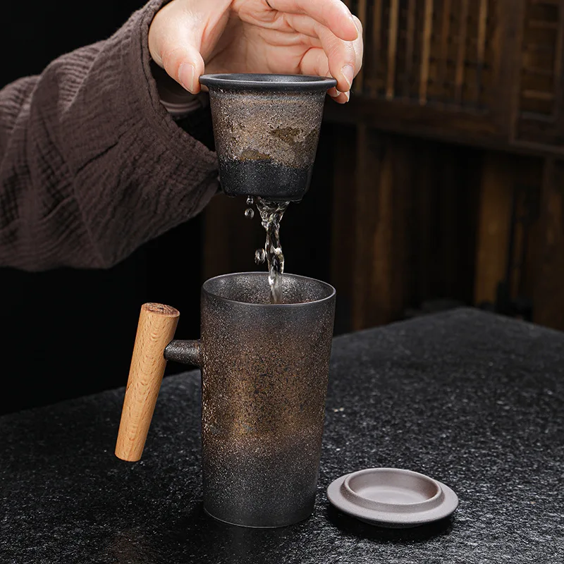 Керамическая чайная чашка в стиле ретро кофейная с деревянной ручкой и