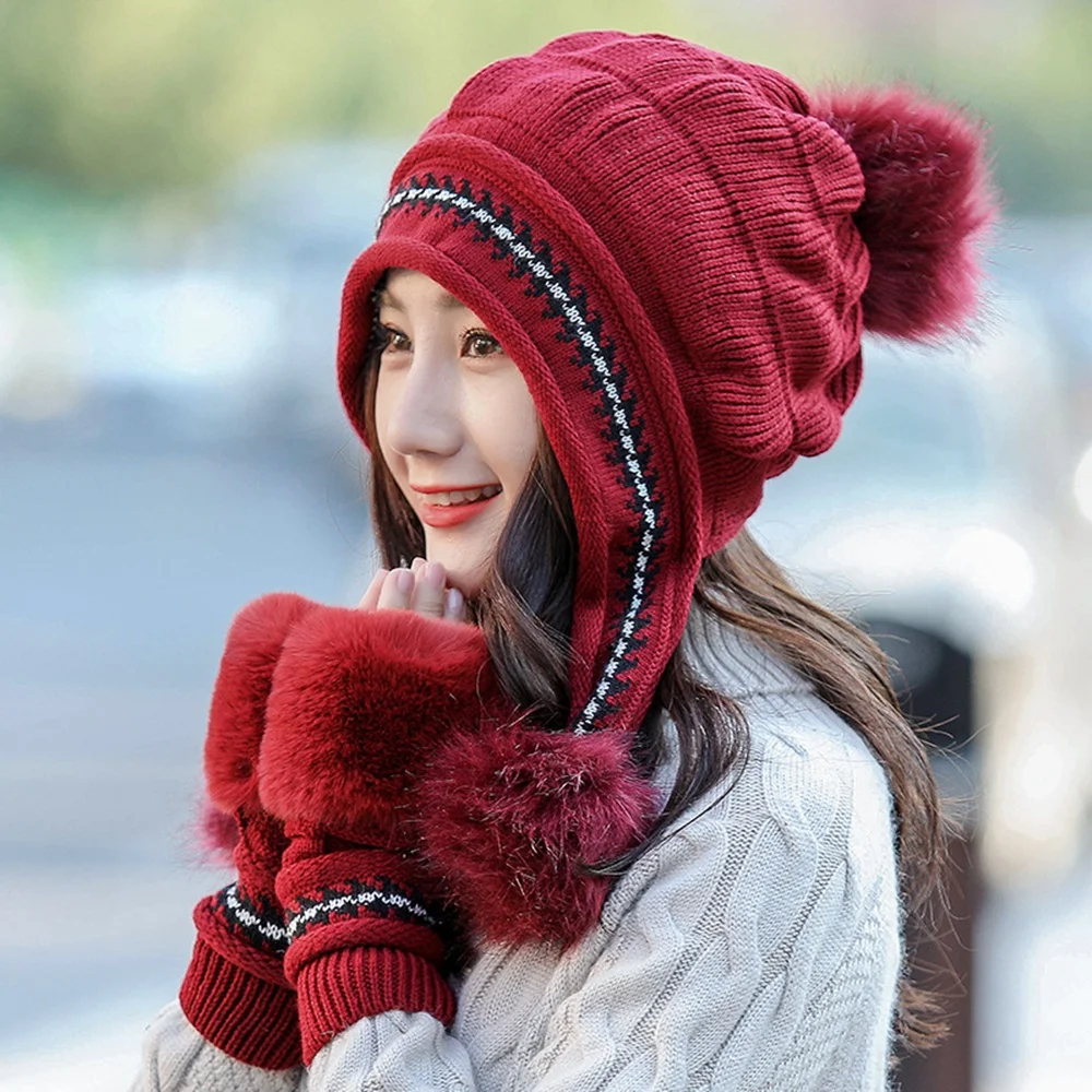 DIFF COOLWinter женская вязаная шерстяная шапка зимне наушники теплые перчатки модная