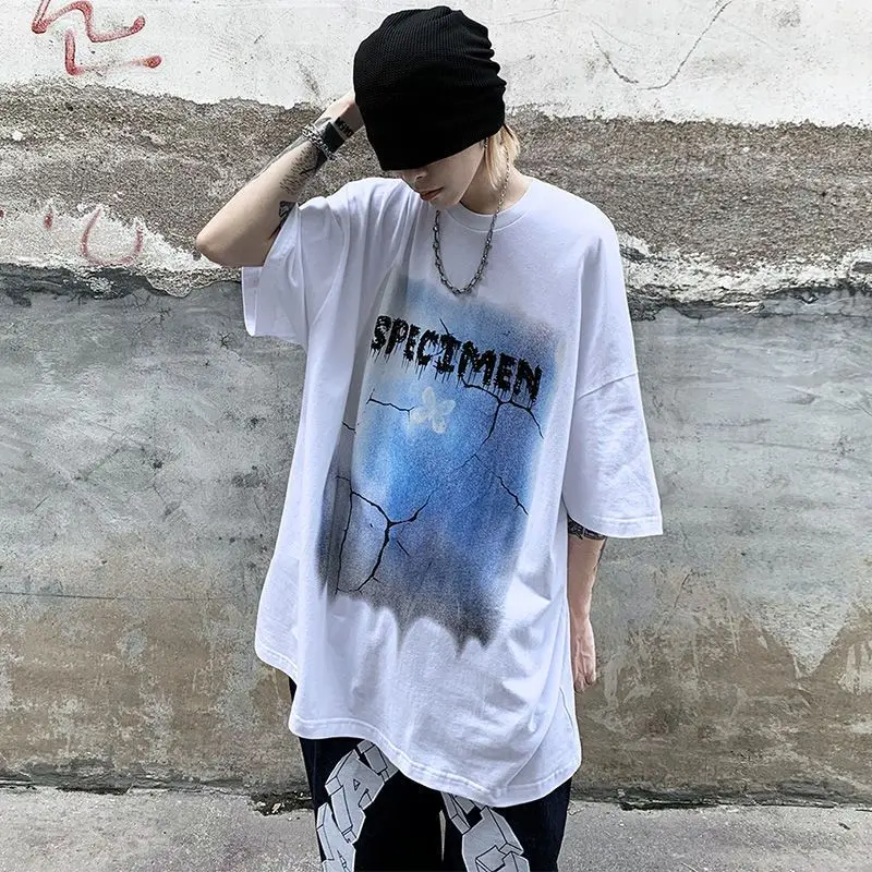 

Summer Printed Loose Short-sleeved T-shirt Men 2021 Korean Fashion Male-female Tops Streetwear Retro Lethargic Style Shirts Tide