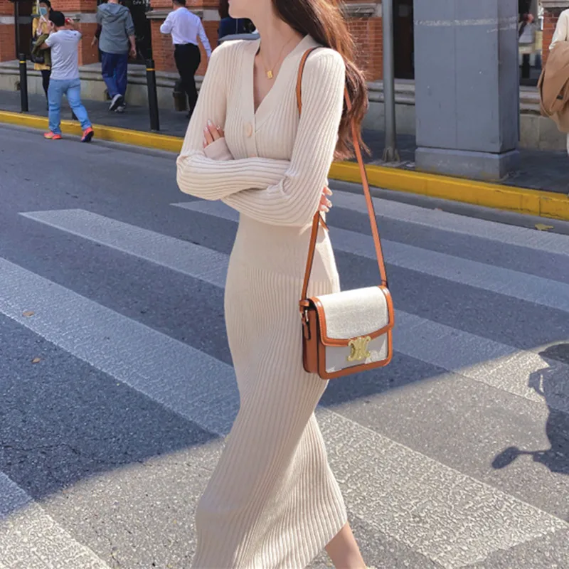 

2021 Fall Winter Knitted Sweater Dress Women Long Sleeve Solid High Waist Long Maxi Dress Button Sexy V-neck Sweater Dresses OL