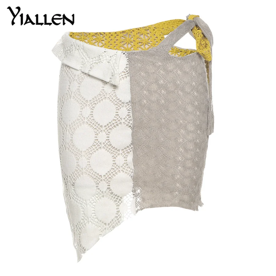 

Yiallen Hipster Knitted Skirt Women Straight Striped Color Blocking Irregular Shape Outfit Lace Up Bandage Sexy Clubwear Clothes