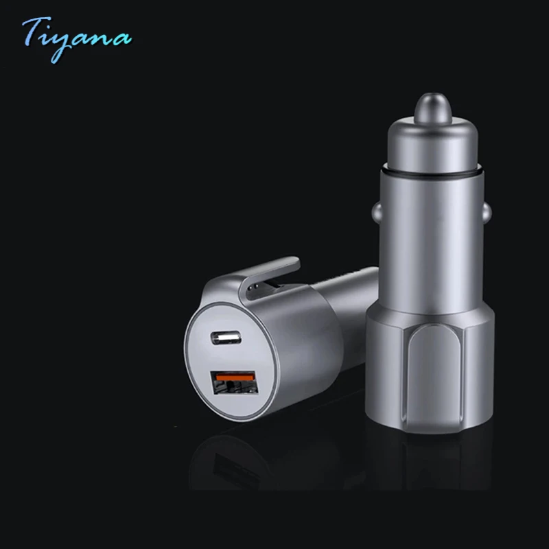 

Safety Zinc Alloy Bullet Car Charger with Broken Window Hammer Seat Belt Cutter QC3.0+PD Universal Phone Fast Charge USB+TYPE-C
