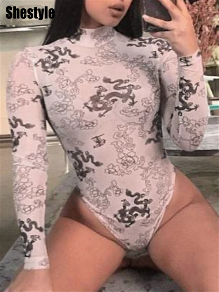

Shestyle Mesh See Through Bodysuits Women Nude Sexy Dragon Printed Full Sleeve Stand Collar Mock Neck Tops Clubwear 2022 New
