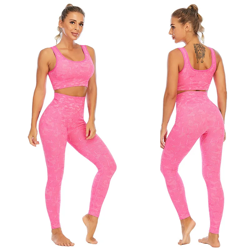 

CXUEY Fluorescence Camo Yoga Sets Women Gym Clothes Suit for Fitness Running Sports Outfit Workout Clothes for Women Sportswear