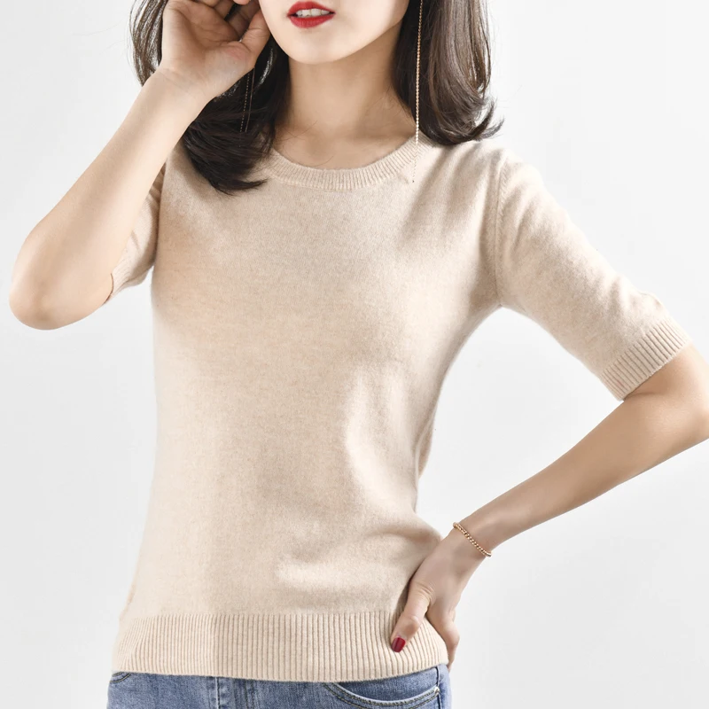 100% Pure Merino Wool Women Summer T Shirt Knitted Short Sleeve O-Neck Kintwear Basic Female T-shirt Pullover Base Tee Sweater | Женская