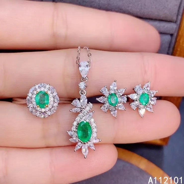 KJJEAXCMY fine Jewelry 925 sterling silver inlaid natural Emerald classic pendant ring earring set support test Chinese style