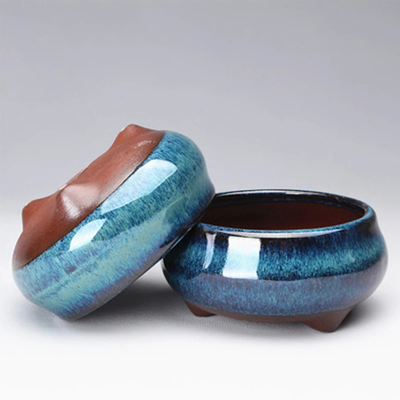 

Round Succulent Flower Pot Glazed Ceramic Planter Pot with Hole Thick Wall Eastern Artistic Ornament for Indoor Home Garden FU