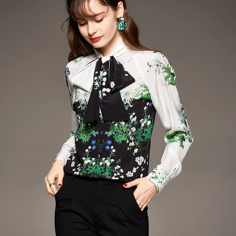 

100% Silk Women's Shirt Lace Up Bow Long Sleeves Floarl Printed Elegant Fashion Blouse Tops