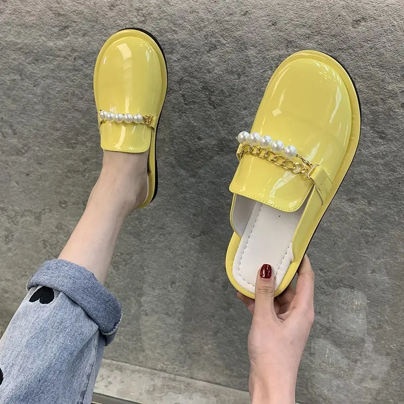 

Shoes Mules For Women 2021 Slippers Flat Cover Toe Luxury Slides Low String Bead Rivet Pantofle Soft Designer Summer New Metal D