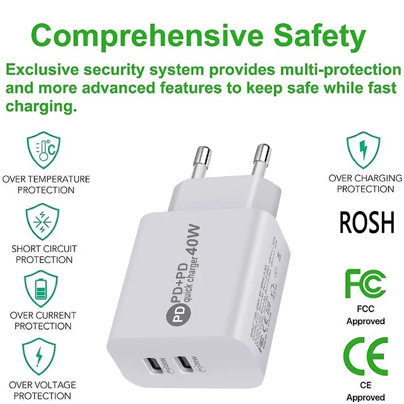 PD40W Зарядное устройство USB PD быстрая зарядка для розетки EU/US два порта Type-C PD20W