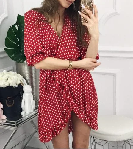 2019 Short Women Dress Ruffles Print Polka Dot Sexy Bodycon Beach Female Half Sleeve Summer Party Mini Dresses Vestidos | Женская одежда