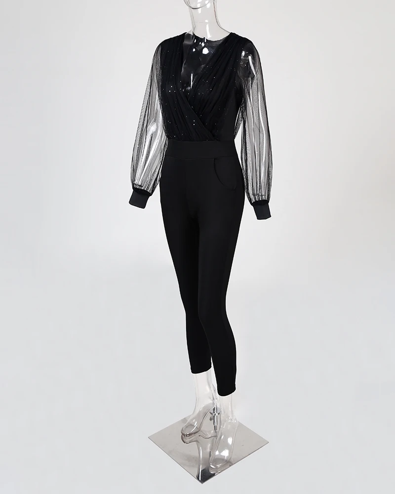2020 Women Elegant Casual Party V-Neck Jumpsuit Female Long Sleeve Romper Sheer Mesh Glitter Ruched Wrap Jumpsuit