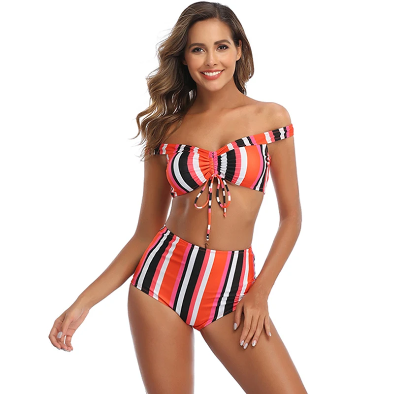 

LEEMIIJUU Women Red Striped Swimsuit High Waist Bikini Set Off Shoulder Swimwear Bathing Suit Sexy Two Piece Lady Bikini Set