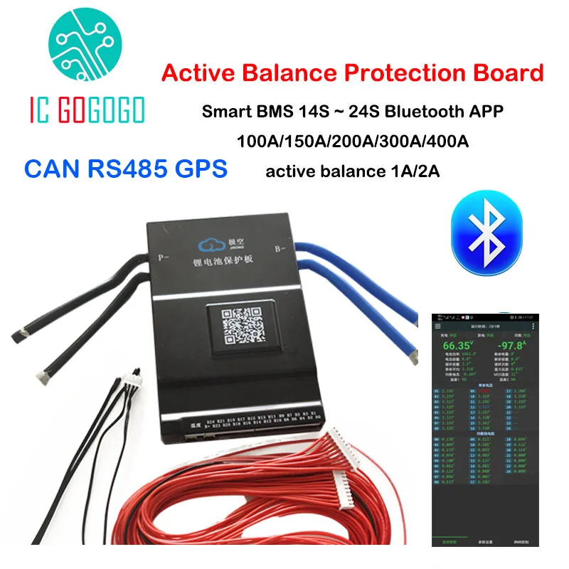 Плата защиты аккумулятора с активным балансом BMS 1A/2A 13S ~ 24S 100A 300A CAN RS485 GPS APP Lifepo4 Li Ion