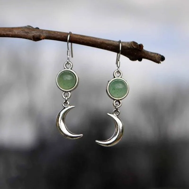 

Creative Personality Silver Color Moon Earrings Exquisite Round Inlaid Green Stone Drop Earrings for Women Engagement Jewelry