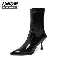 isnom 2020 new arrival sexy ankle boots patent leather sock boot stretch thin high heels pointed toe shoes women slim booties