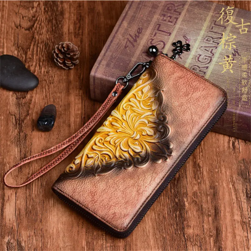 Nesitu Highend Vintage Beautiful Red Brown Coffee Flower Pattern Genuine Leather Women Clutch Bag Female Phone Wallet Purse M002 | Багаж и