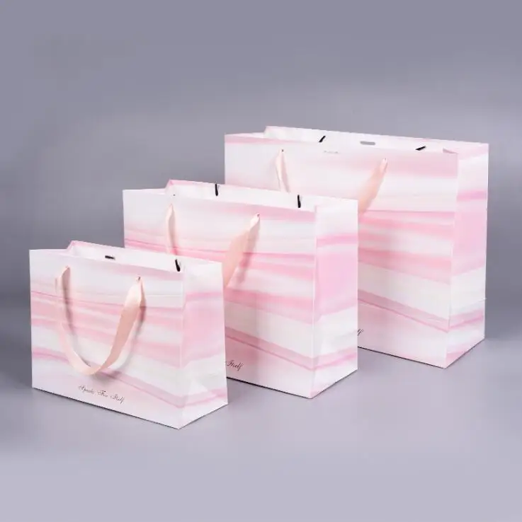 

Horizental Paper Bag With Ribbon Handles For Gift Packing Cloth Shoes Candy High-quality Holder Business Advertise Packing