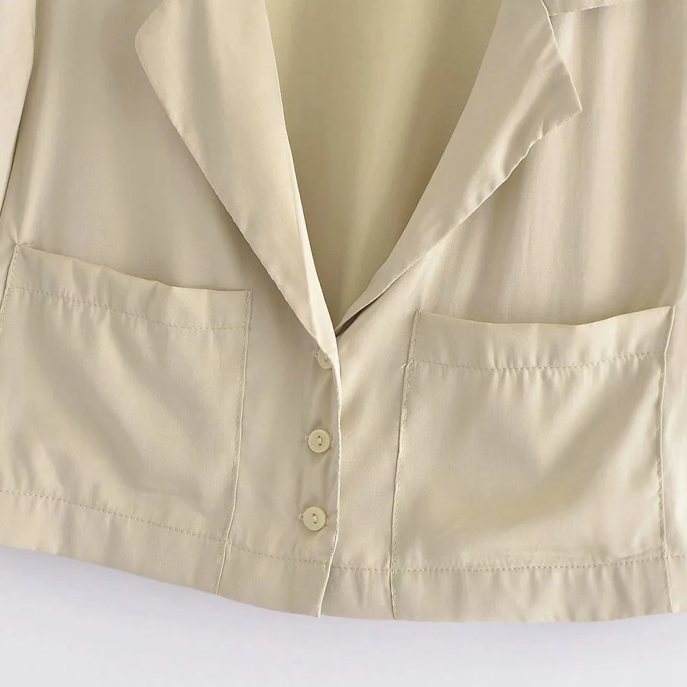 

2021 new female summer solid color suit collar double pocket single breasted Korean fashion casual slim drape short top shirt