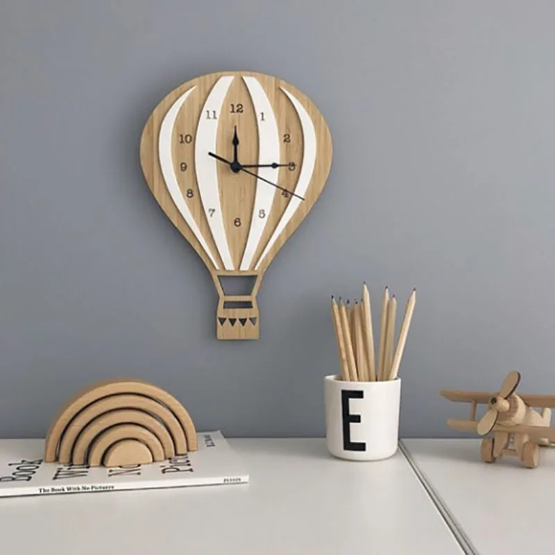 

Hot Air Balloon Shape Cartoon Wall Hanging Clock Wooden Loudspeaker Mute Wall Clock Kids Bedroom Home Nordic Decoration 6 Colors