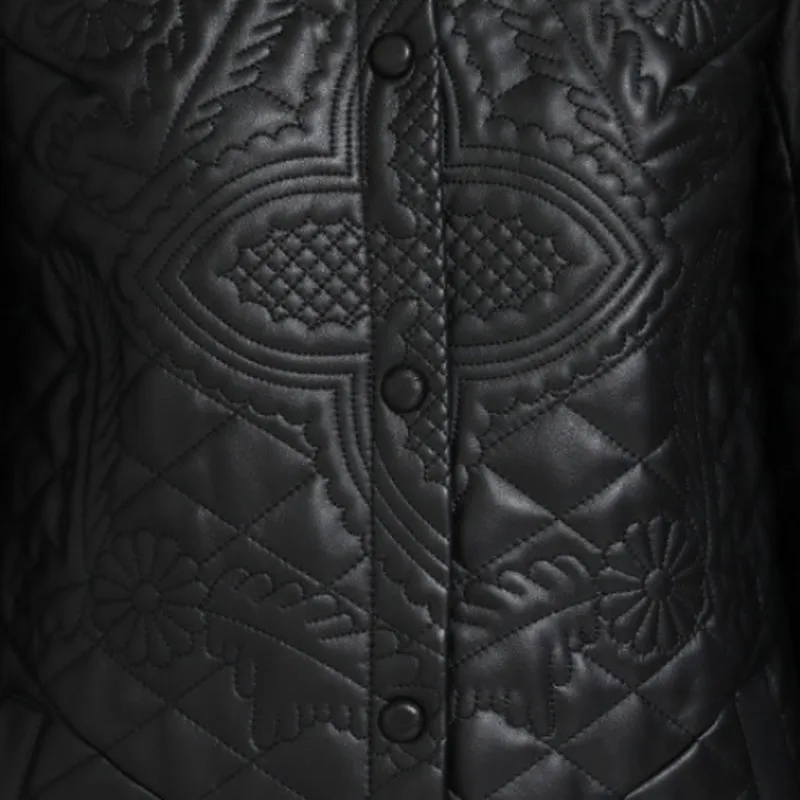 Дизайнерское пальто из натуральной кожи для женщин OL стиль вышивка цветочный