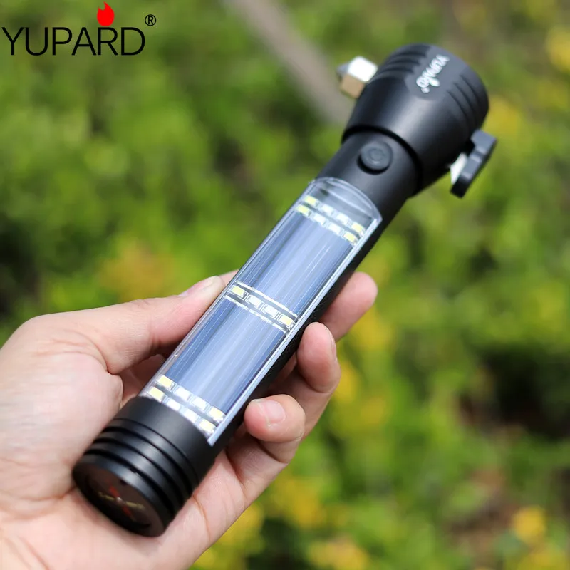 Murah Solar LED Flashlight 9-In-1 Multi-Fungsi Keselamatan Hammer Senter Usb Built-In Baterai Dengan Magnet Kelangsungan Hidup Alat Darurat