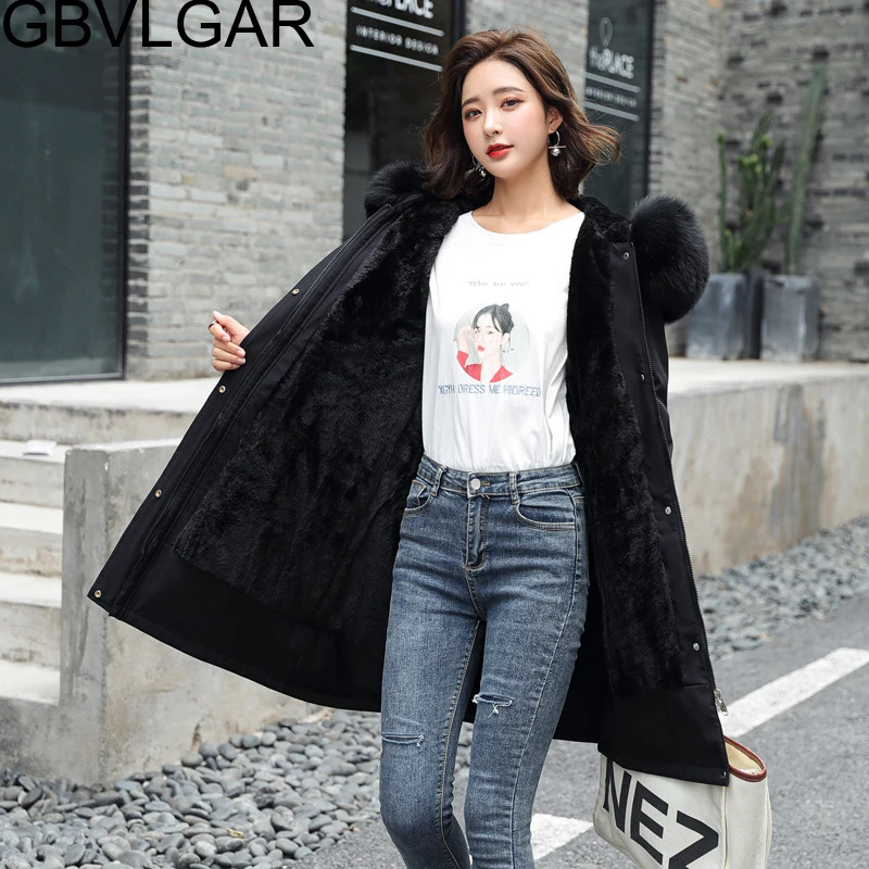 

GBVLGAR 2021 New Cotton Liner Parker Parka Fashion Adjustable Waist Fur Collar Winter Jacket Women Medium Long Hooded Parka Coat