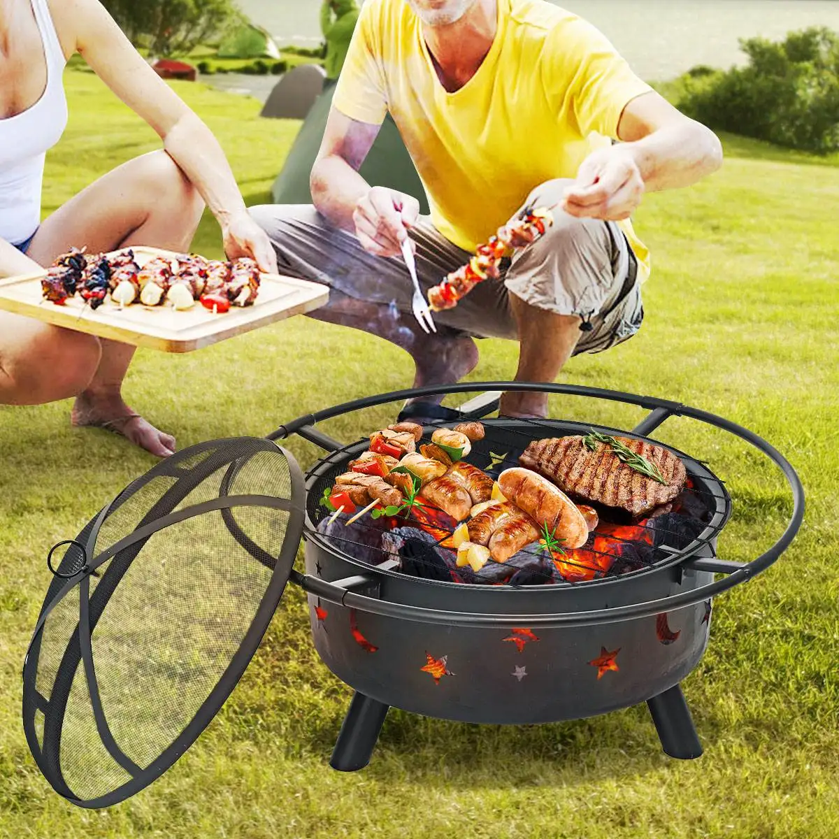 

30Inch Fire Burn Pit Stand Portable Camping Firepit With Mesh Screen Durability Fire Frame Wood Burning Charcoal Stove BBQ Grill