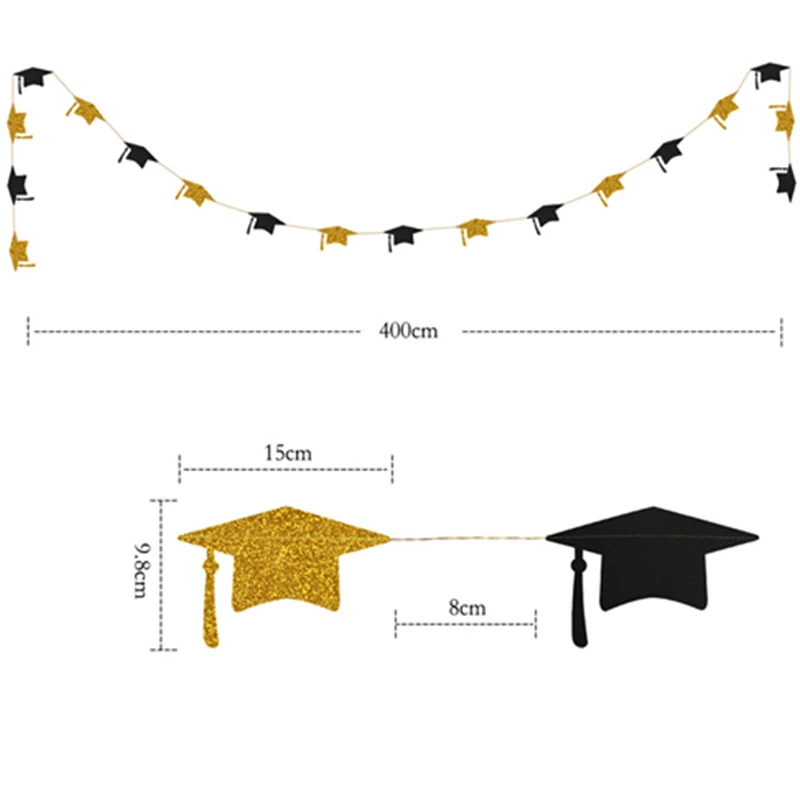 

4M Black Gold Glitter Graduation Bachelor Hat Banner Decoration Flag for School 2020 Graduation Party Celebration