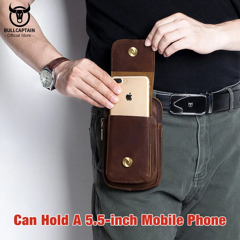 bullcaptain fashion quality leather small summer pouch hook design waist pack bag cigarette case 6 phone pouch waist belt bag free global shipping