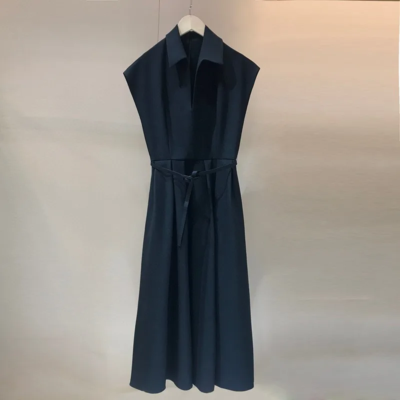 

2021 Top Quality French UK Fashion Blogger Style Short Sleeve Silk Wool Elegant Vintage Black Midi Dresses