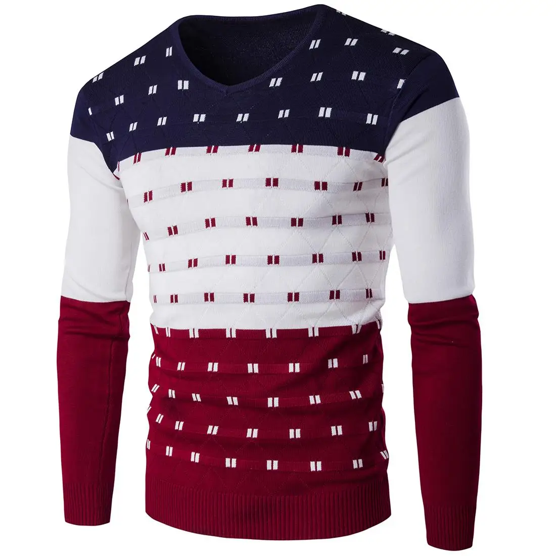 

2020 Spring Winter Men's Patchwork Sweater Cotton Thin Slim Fit V-neck Pullover Simple Warmer Comfortable Outwear Clothing