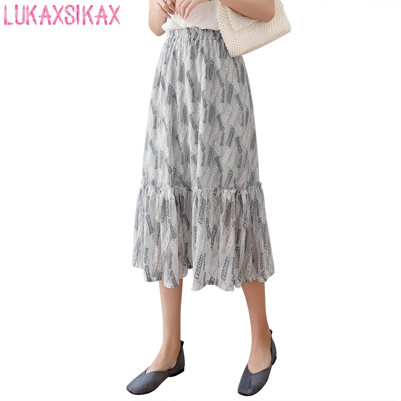 

2020 New Spring Summer Women Skirt High Quality Fashion Letter Crochet Lace Skirt Elastic High Waist Slim Midi Long Skirt