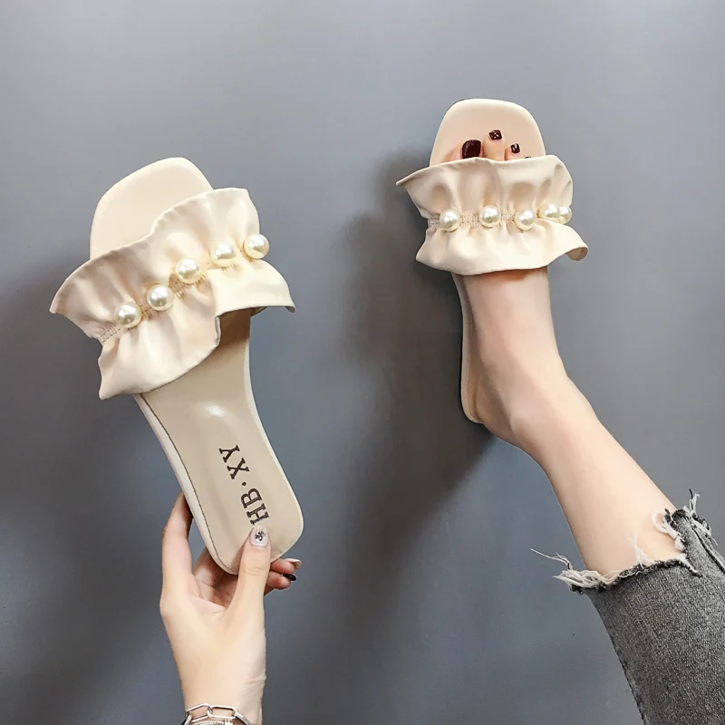 

Rubber Flip Flops Shoes Woman's Slippers Square heel Lady Slides String Bead Low Fashion Hawaiian 2021 Block Girl Flat Soft