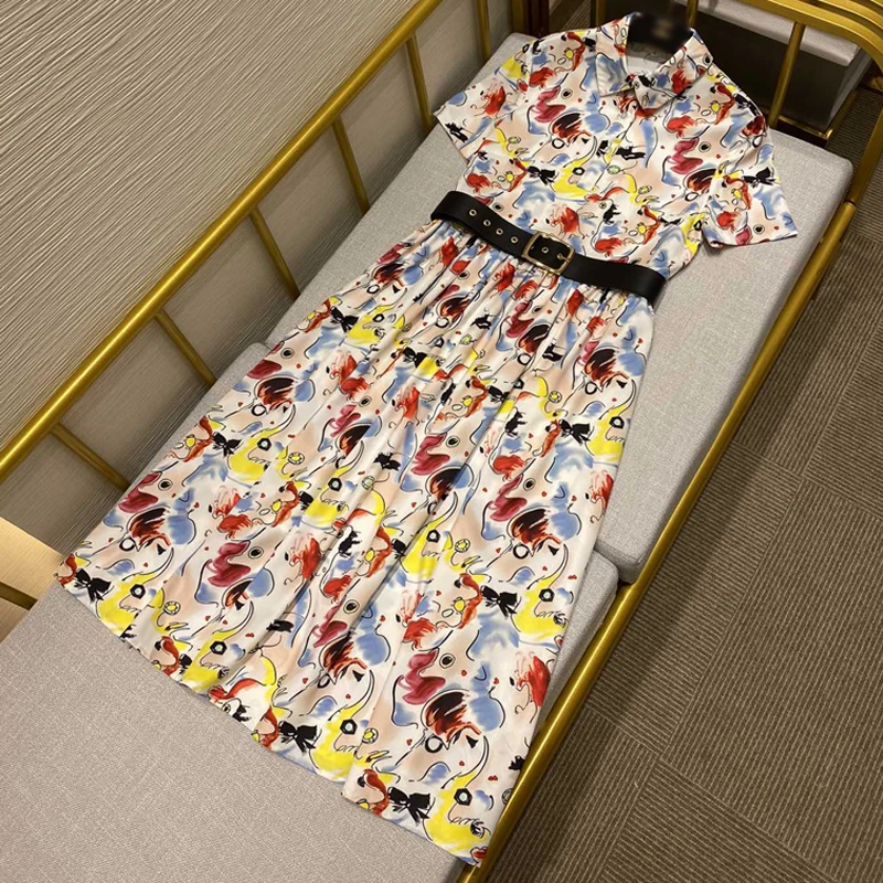 

Women Fashion Summer Runway Dress High Quality Festa Elegant Designers Short Sleeve Cartoon Print Robe Femme Holiday Vestidos