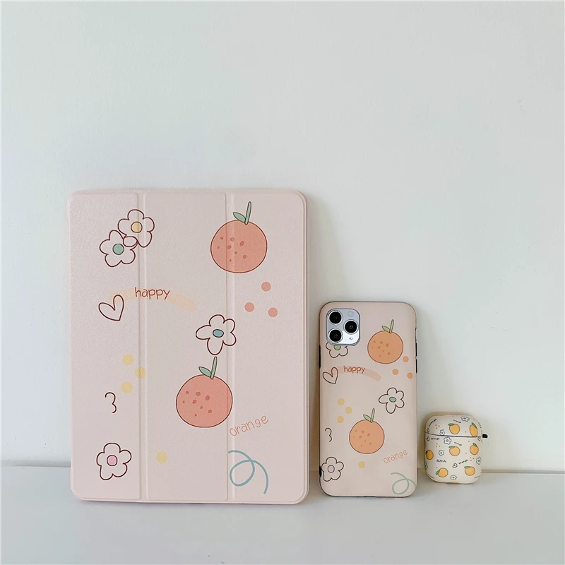 

Cute Orange For iPad AIR 2020 2 3 10.5 Pro 2019 7th 10.2 inch Case for iPad 2017 2018 9.7 Mini 5 Cover With Pencil Holder Cases