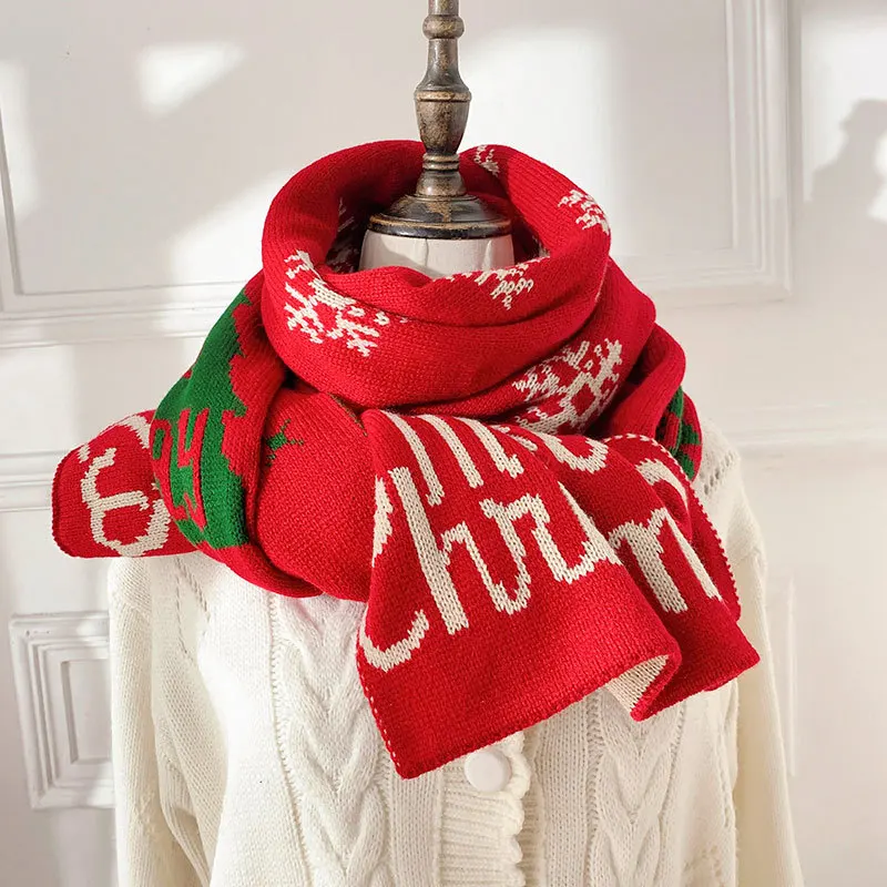 

Johnature Winter New Knitting Christmas Print Gifts Deer Women Scarf Casual Warm Thicken Couples Shawl Scarf