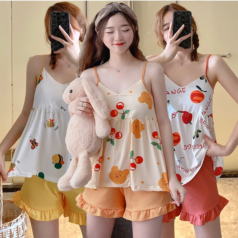 

2021 Summer Sexy Lingerie Spaghetti Strap Shorts Pajama Sets For Women Print Sleepwear Suit Pyjama Homewear Pijama Mujer Clothes