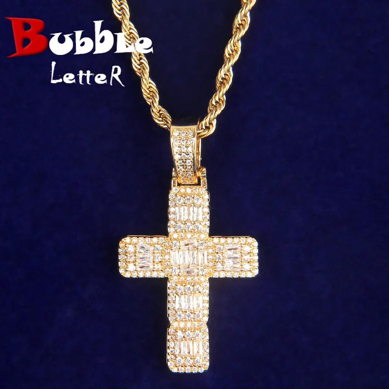 BubbLe Letter Men Necklace Baguette Cross Pendant Real Gold Plated Iced Out Hip Hop Jewelry Rapper