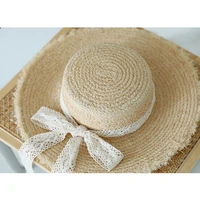 designer handmade women raffia straw hat summer beach uv cut white bow lace ribbon nature color cap burrs flat girls outdoor
